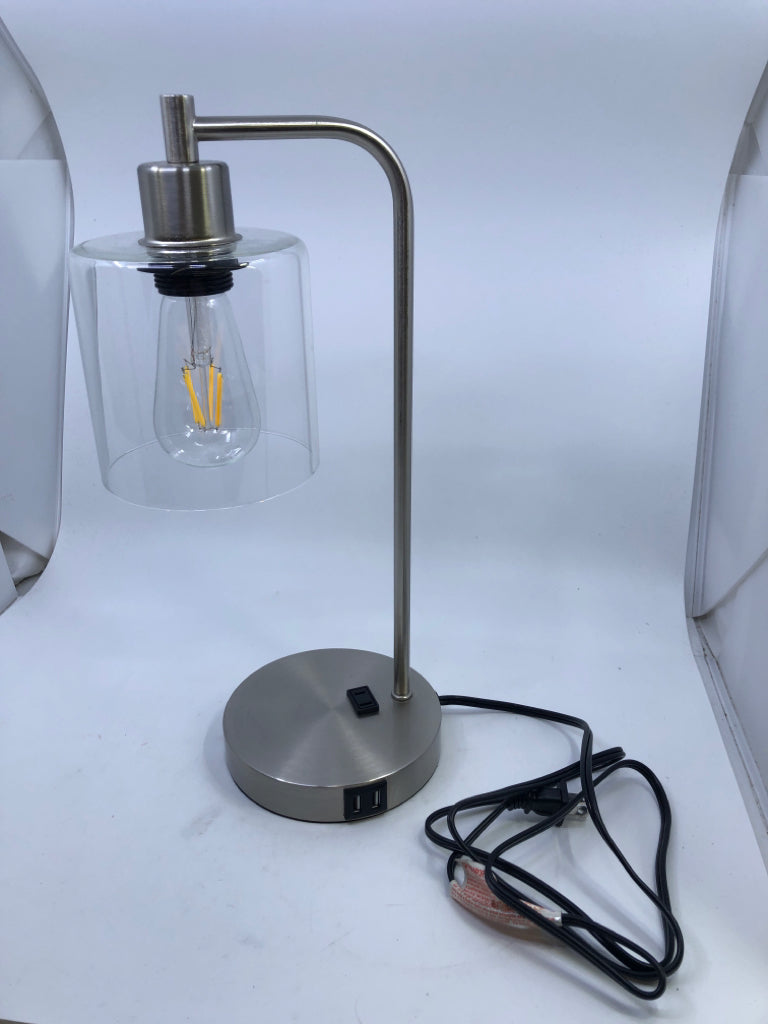 SILVER BASE- TOUCH LAMP W GLASS SHADE.
