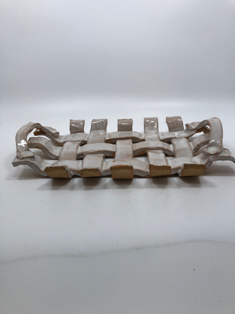 WHITE GLAZE TERRA COTTA WEAVE TRAY.