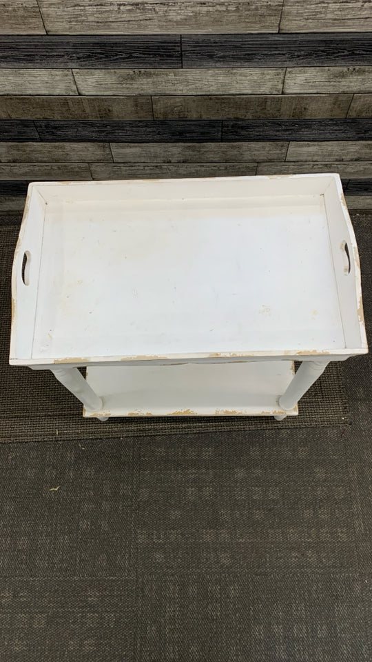DISTRESSED WHITE TRAY-TOP END TABLE.