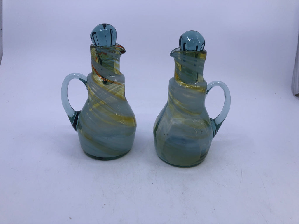2 VTG BLOWN GLASS SWIRLED GREEN/WHITE OIL/VINEGAR BOTTLES.
