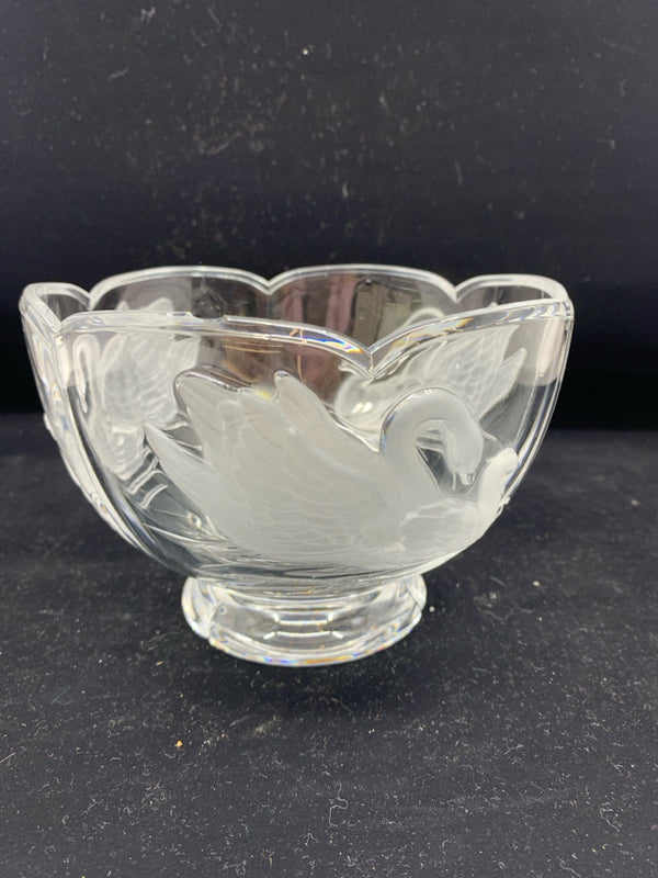 HEXAGON GLASS BOWL W EMBOSSED SWANS.