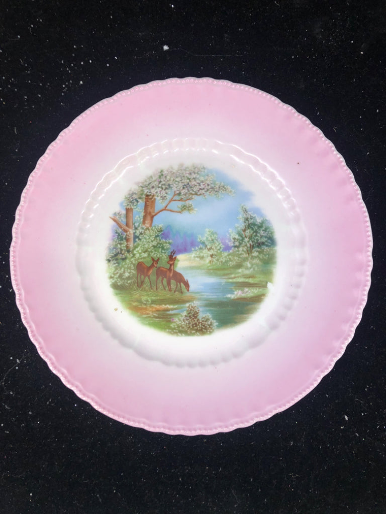 VTG PINK OMBRE PLATE W DOE DRINKING.