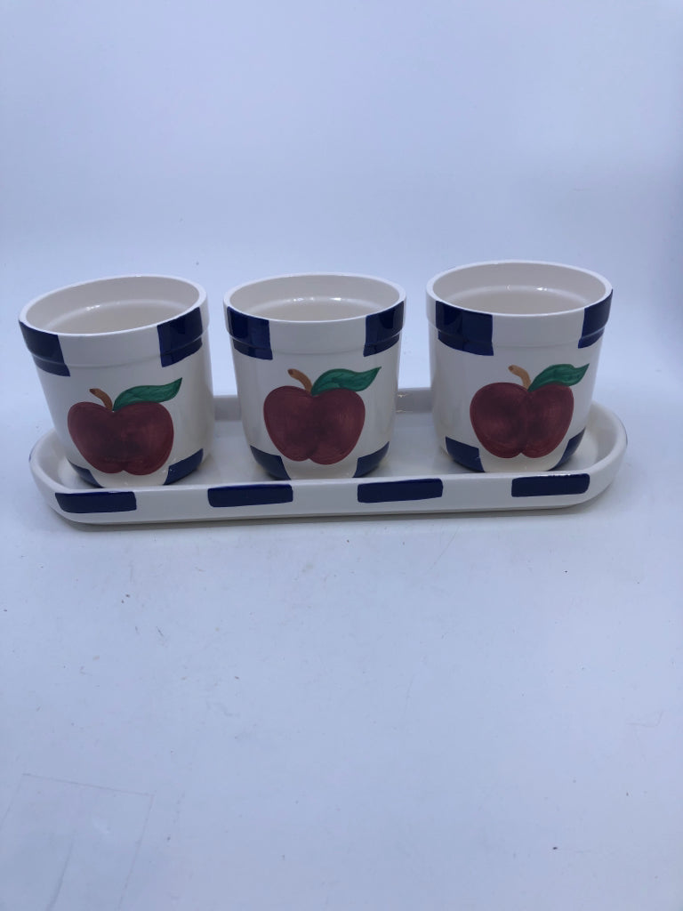 4 PC WHITE PLANTER W/ PAINTED RED APPLE BLUE SQUARES.