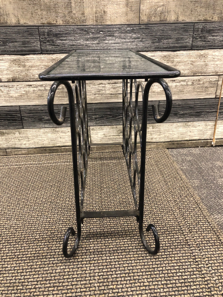 BLACK METAL WINE RACK W GLASS TOP.