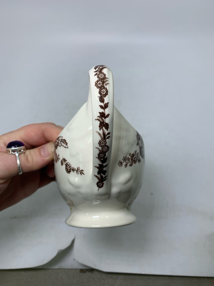 SPODE WOODLAND GRAVY BOAT W/ MALLARD DUCK & SNIPE BIRD BROWN FLORAL BOARDER.