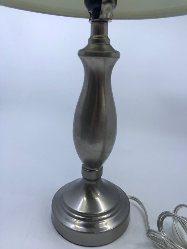 SILVER BASE LAMP W/ WHITE SHADE.