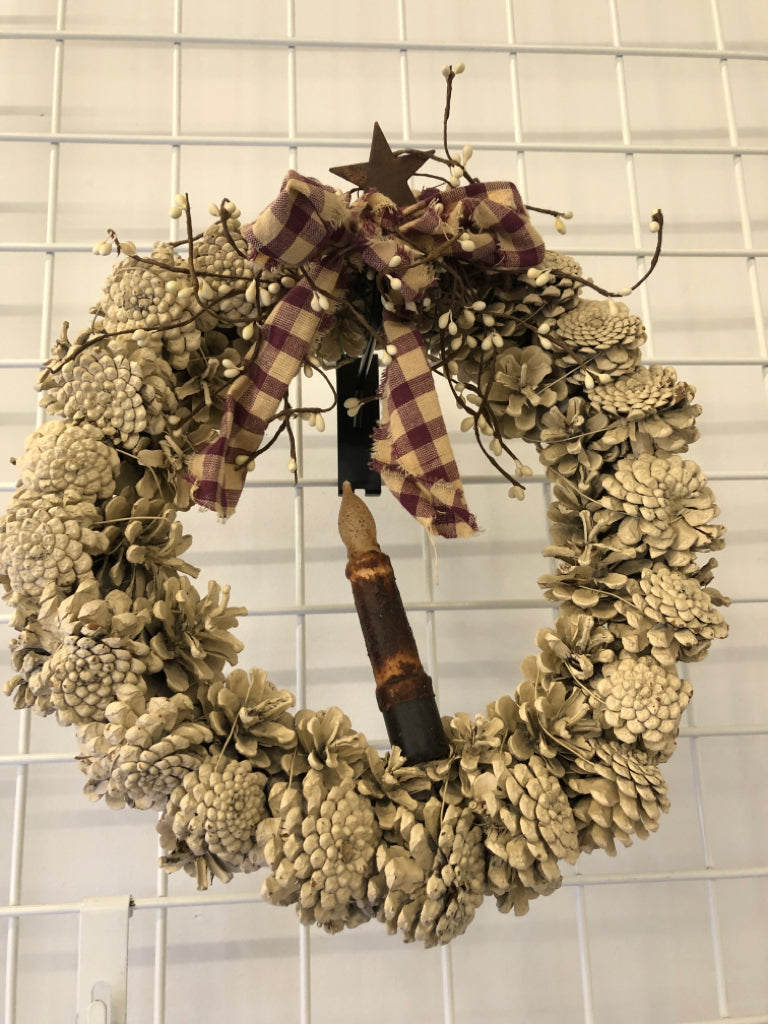 PRIMITIVE CREAM PINECONE WREATH W CANDLE.