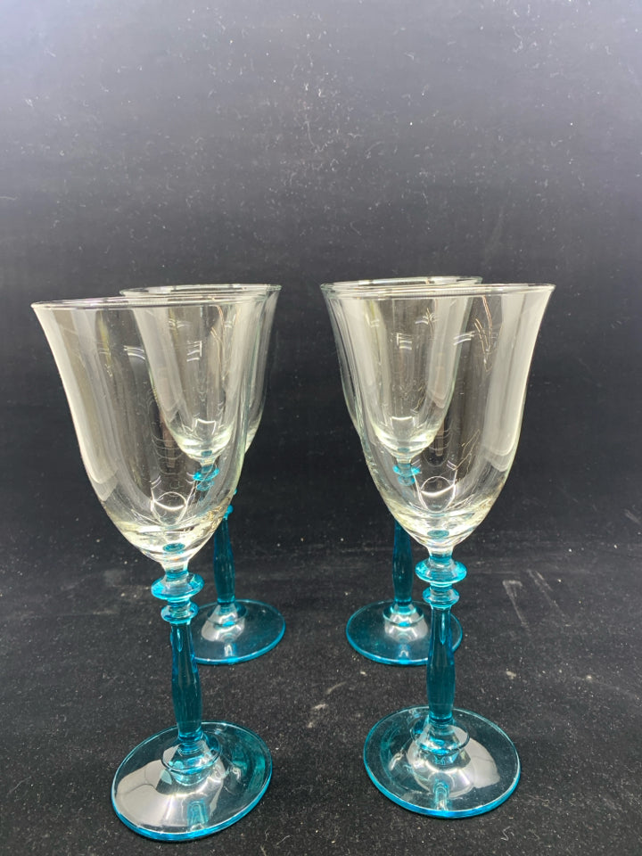 4 LIGHT BLUE STEM WINE GLASSES W/ SLIGHT FLARE.