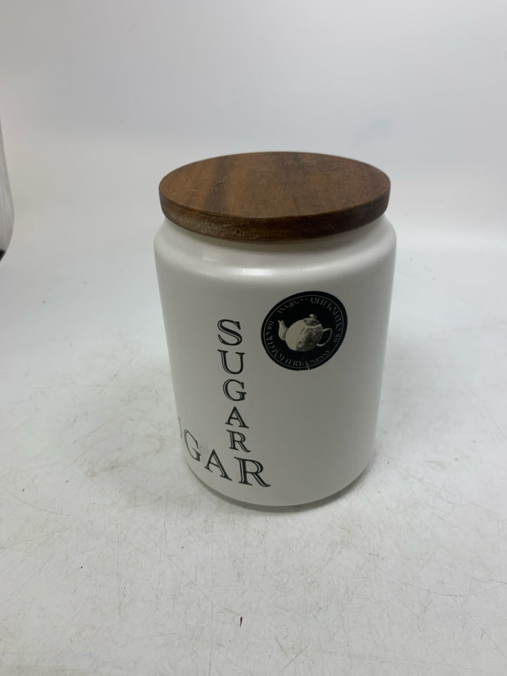 CERAMIC SUGAR CANISTER W/ WOOD LID.