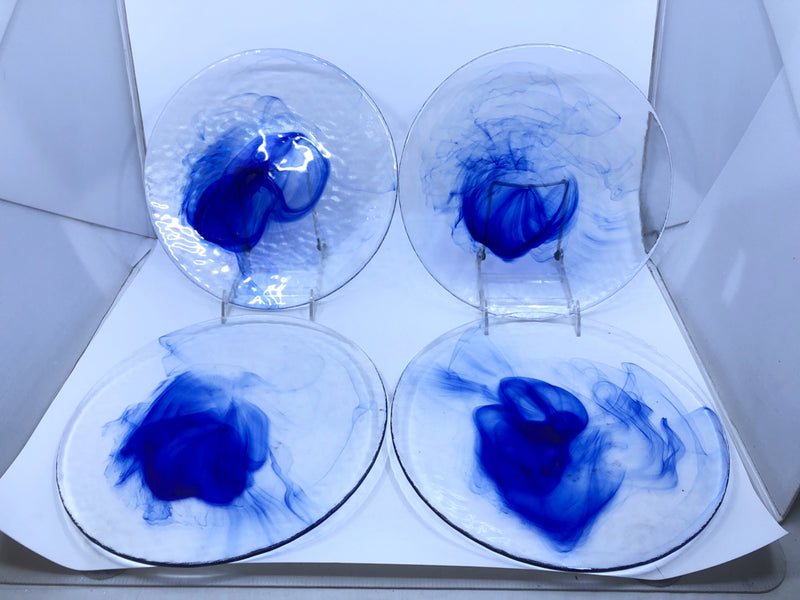 4 COBALT BLUE SWIRLED DINNER PLATES.