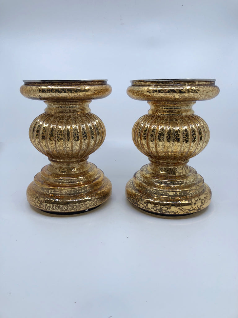 2 GOLD MERCURY GLASS LIGHT UP PILLAR CANDLE HOLDERS.