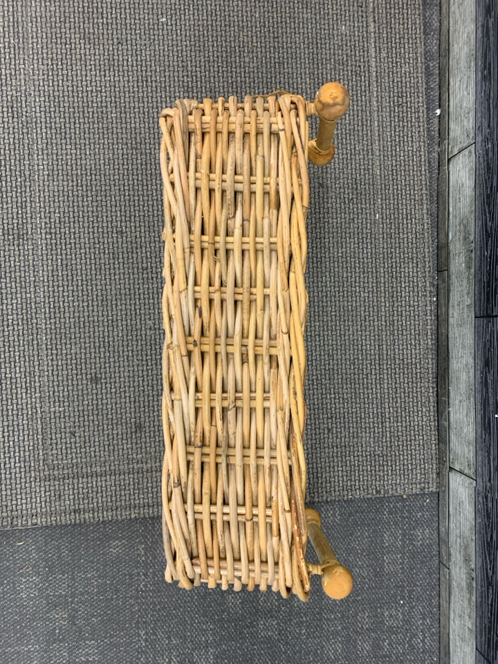 WOVEN WICKER BASKET W/WOODEN BULB HANDLES.