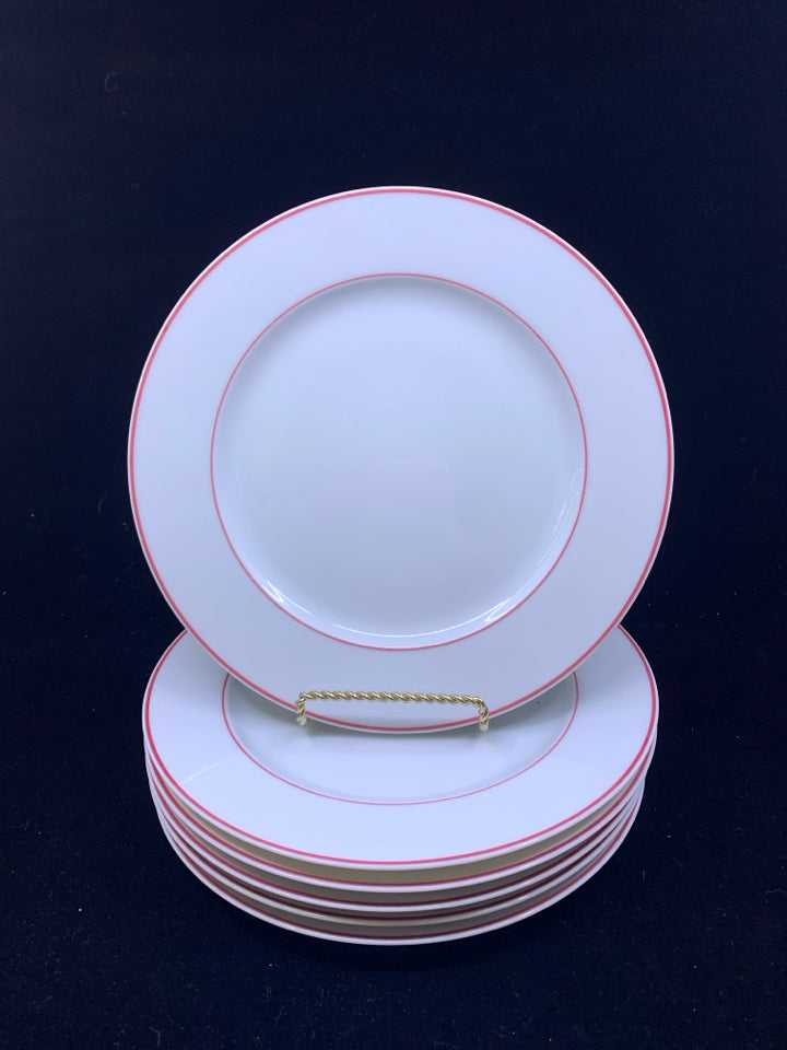 6 WHITE RED RIMMED LUNCH PLATES.