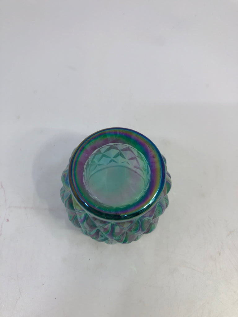 IRIDESCENT TEAL GLASS TOOTHPICK HOLDER.