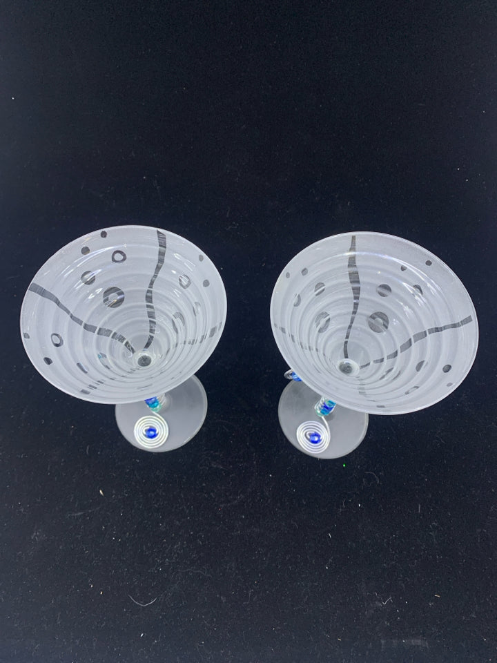 2 FROSTED GLASS W/BLUE BEADS MARTINI GLASSES.