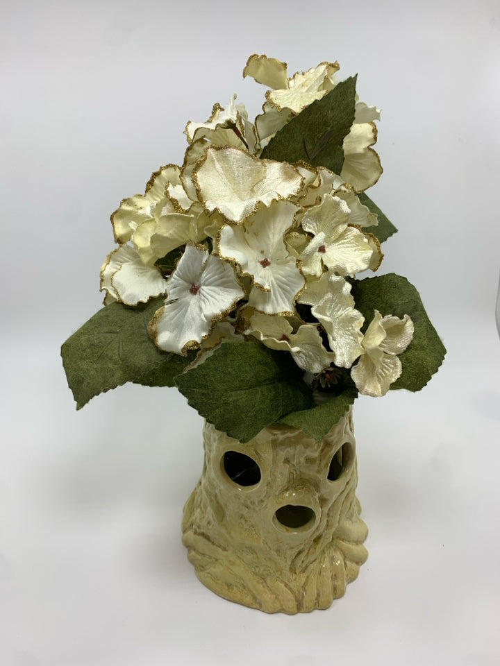 WHITE BARK VASE W/FAUX WHITE FLOWERS.