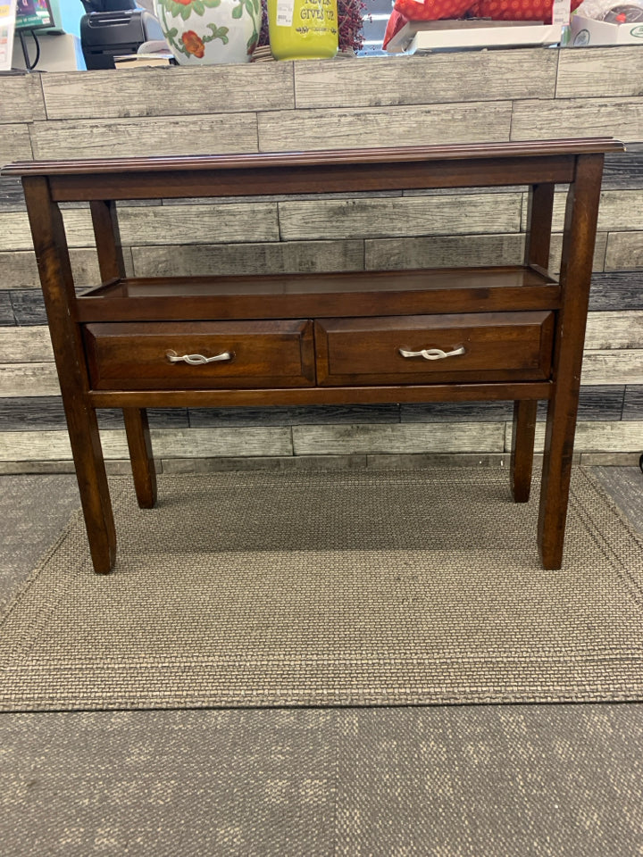 DARK WOOD CONSOLE TABLE W/ SILVER HARDWARE 2 DRAWERS+ SHELF.