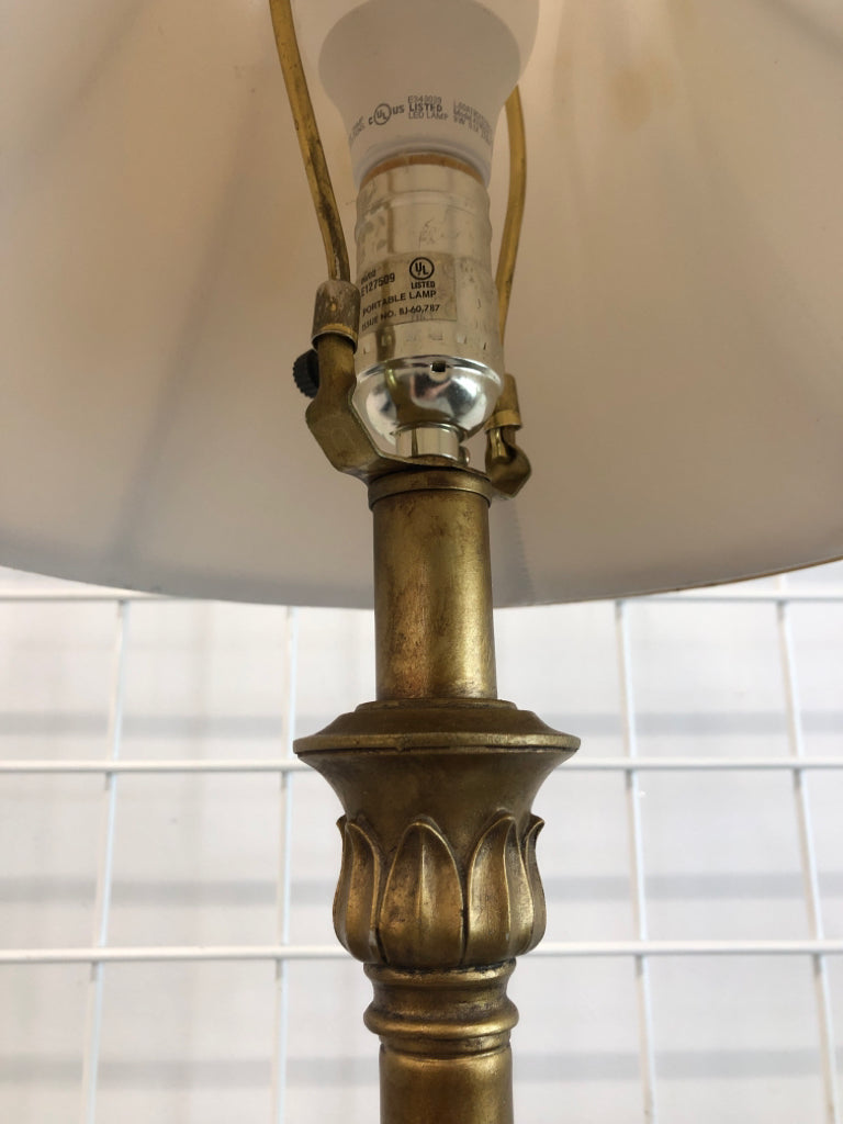 TALL BRASS-PAINTED LAMP W/CREAM SHADE.