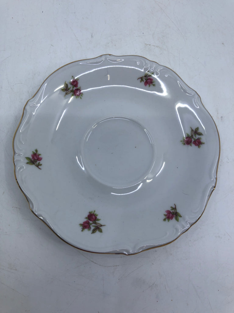 8 PC CUP/SAUCER SET WHITE W/ PINK ROSES GOLD RIM BAVARIA.