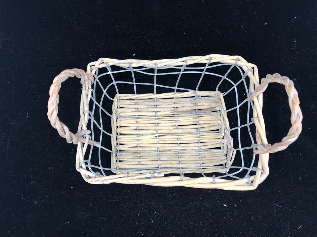 METAL AND LIGHT WOOD WRAPPED BASKET.