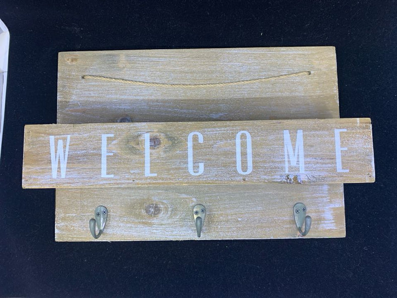 DISTRESSED WOOD "WELCOME" MAIL ORGANIZER W/ HOOKS.