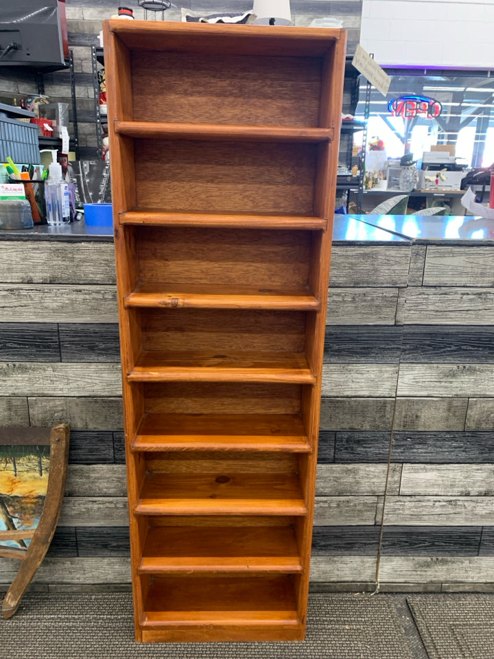 WOODEN 8 SHELF THIN BOOKCASE.