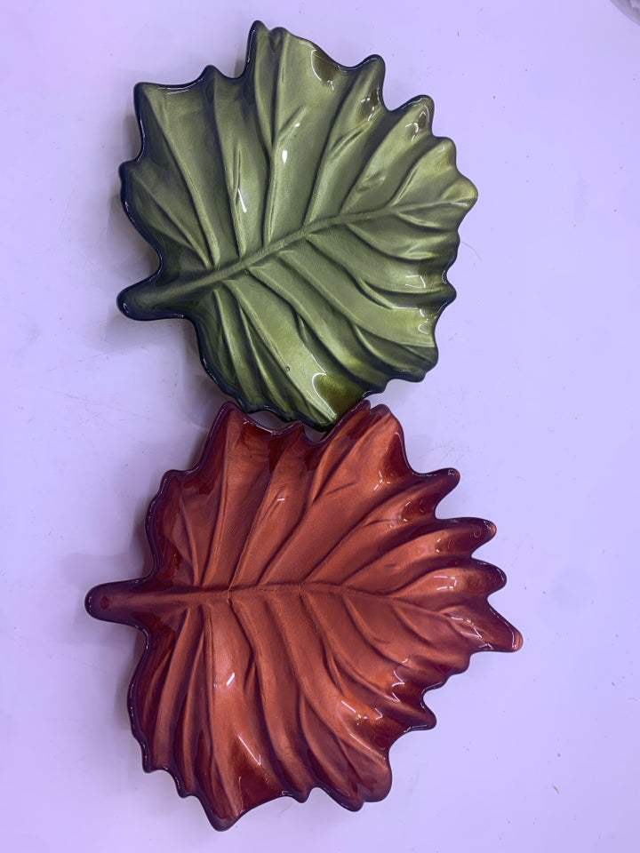 4PC ORANGE AND GREEN LEAF SET- 2 PLATES 2 SMALL BOWLS.