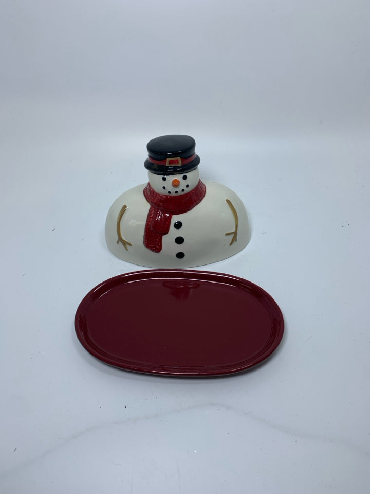 SNOWMAN CERAMIC BUTTER DISH ST NICHOLAS.