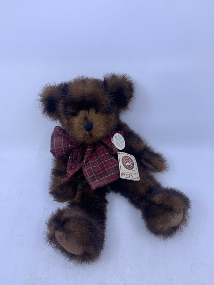 DARK BROWN BEAR W/ MAROON PLAID BOW BOYDS BEAR.