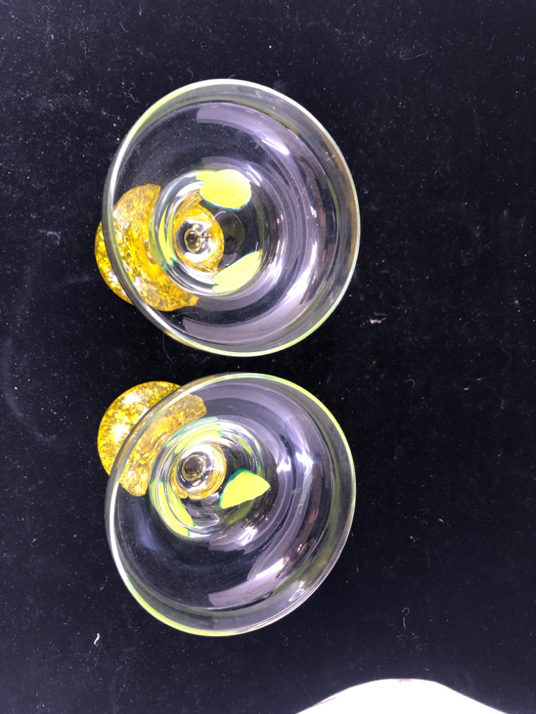 2 MARGARITA GLASSES W/ YELLOW STEM + PAINTED LIMES.