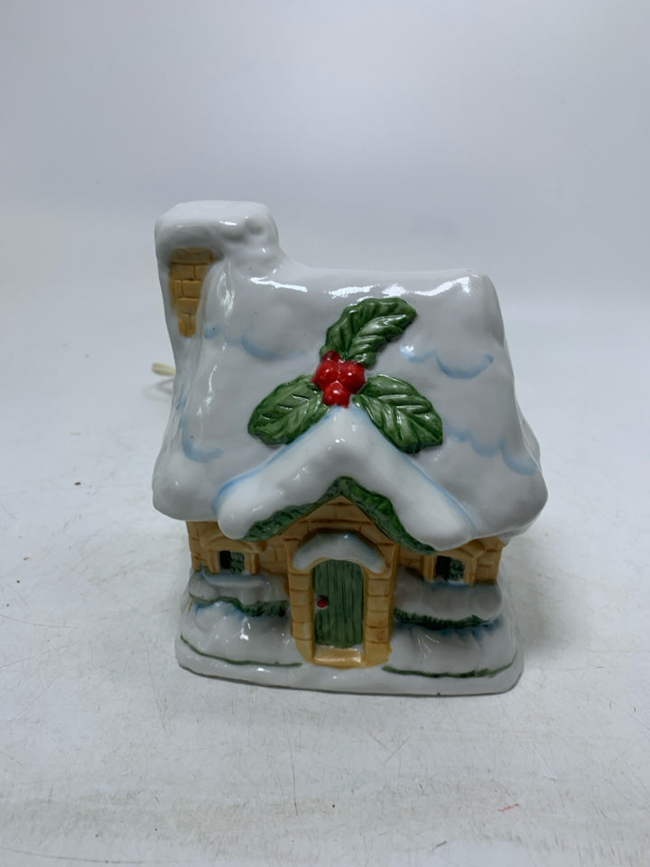 SMALL SNOWY ROOF LIGHT UP HOUSE.