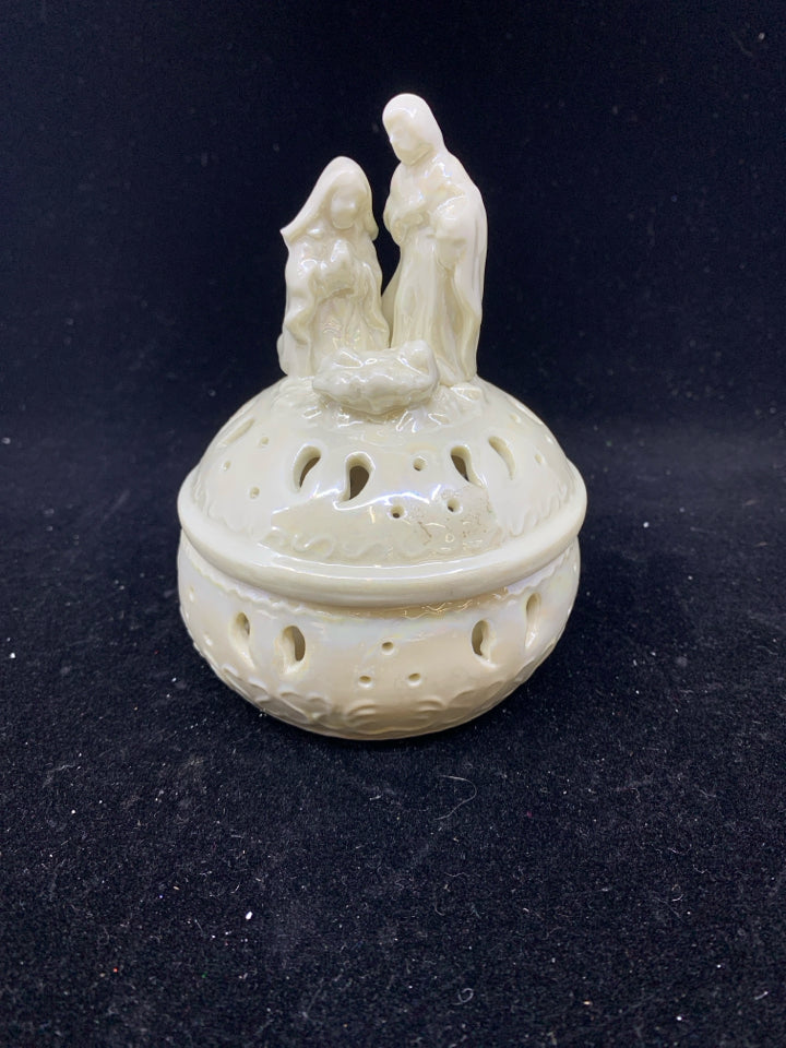 CREAM NATIVITY POTPOURRI JAR.
