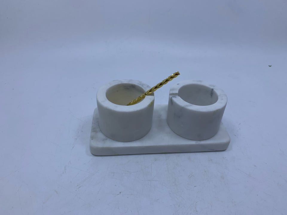 WHITE MARBLE 2 LOT SUGAR BOWL/SALT CELLAR W/ SPOON.