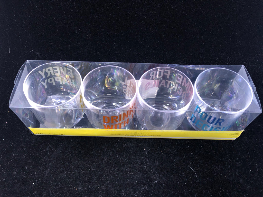 4 NIP PLASTIC WINE GLASSES.
