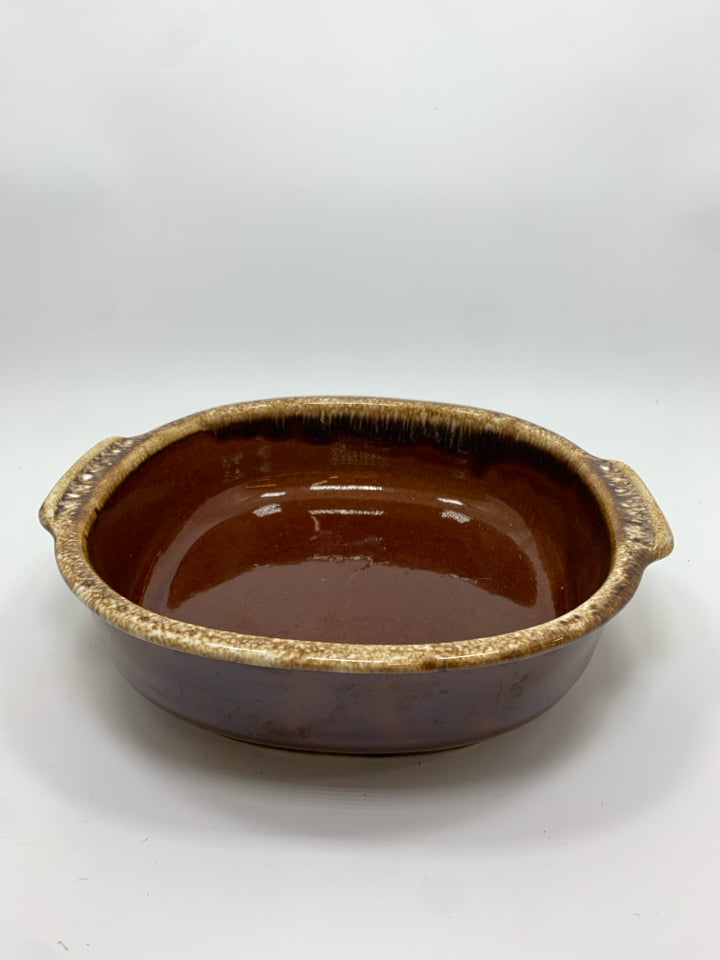 VTG BROWN DRIP GLAZE POTTERY BAKING DISH.