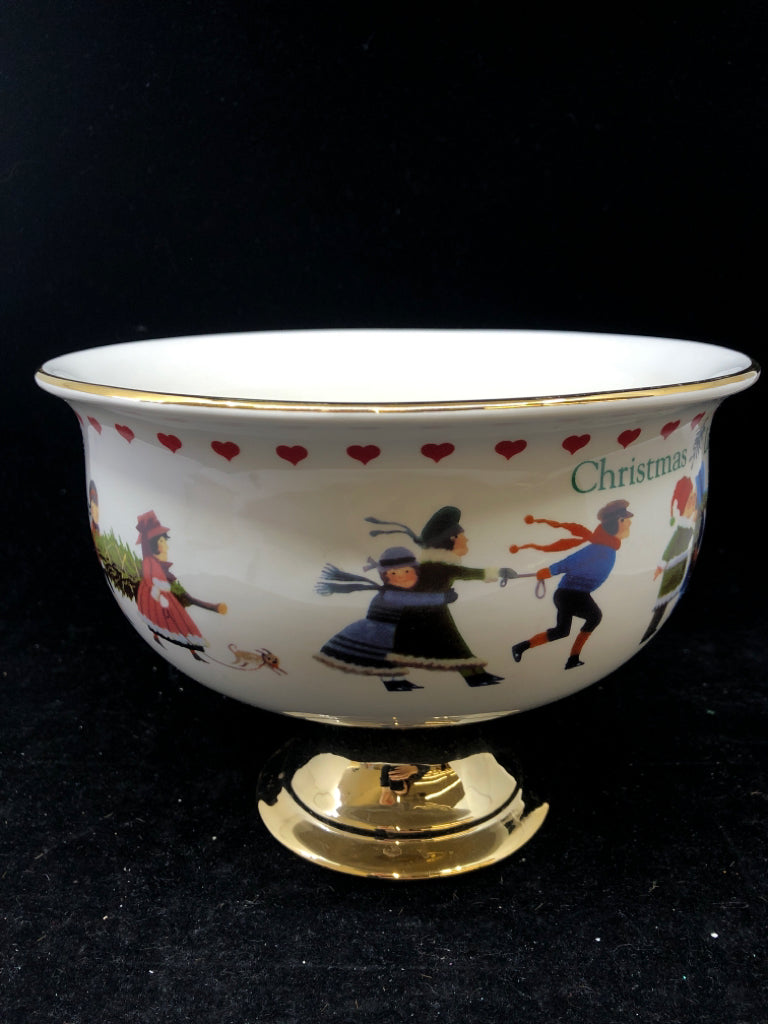 WHITE BOWL KIDS PLAYING WITH GOLD BOTTOM.