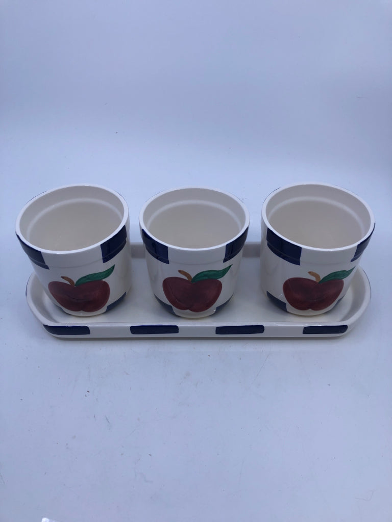 4 PC WHITE PLANTER W/ PAINTED RED APPLE BLUE SQUARES.