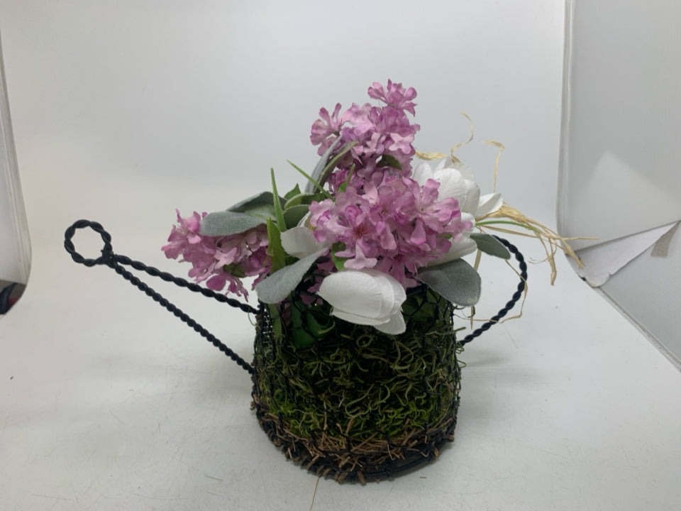 METAL SHAPED WATERING CAN W/ FAUX WHITE PURPLE FLOWERS.