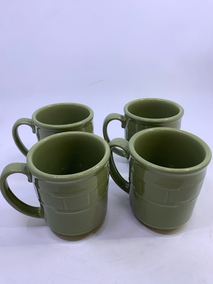 4 GREEN LONGABERGER COFFEE MUGS.