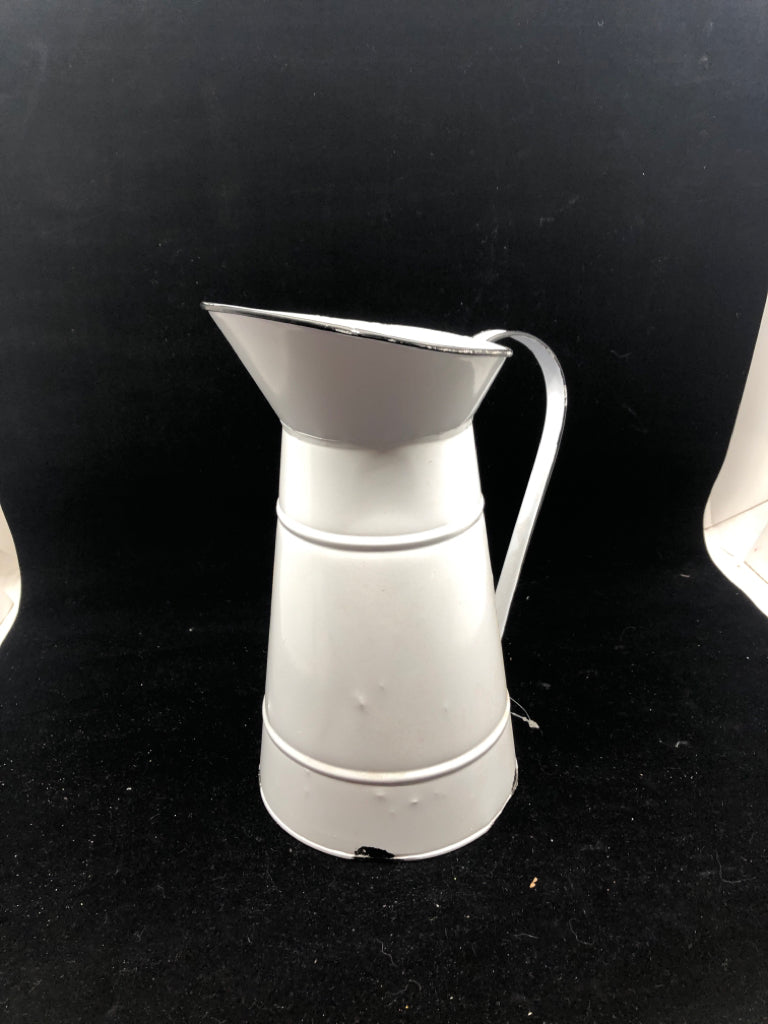 WHITE W BLACK RIM TIN PITCHER.