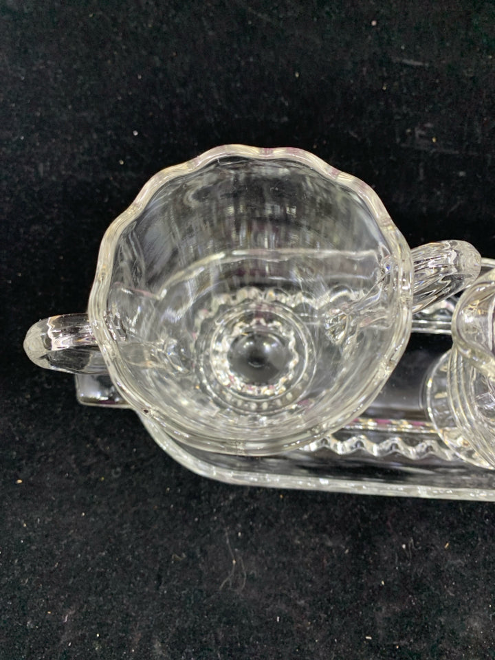 3PC VTG CLEAR SUGAR AND CREAMER W PLATE.