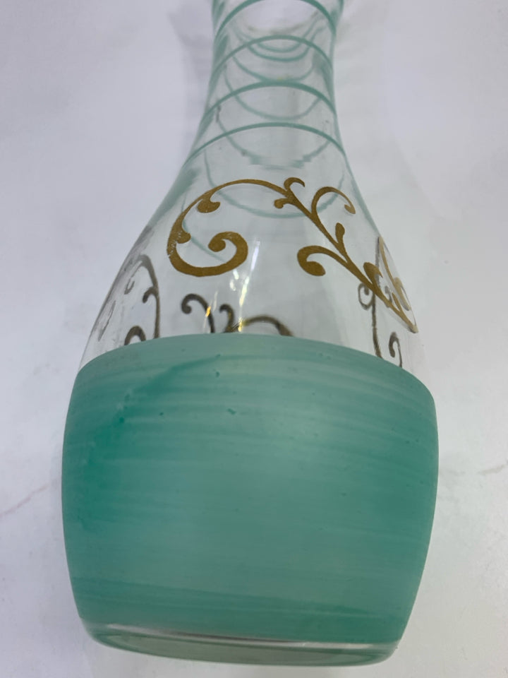 CLEAR VASE W/TEAL&GOLD PATTERN.