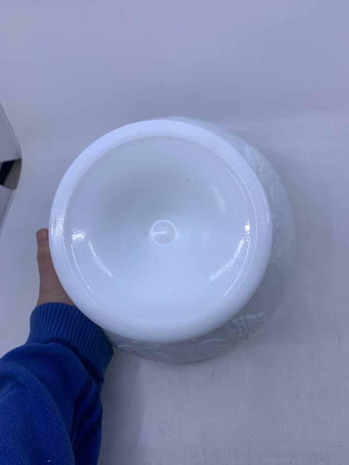 VTG MILK GLASS PEDESTAL BOWL W/ EMBOSSED GRAPES.