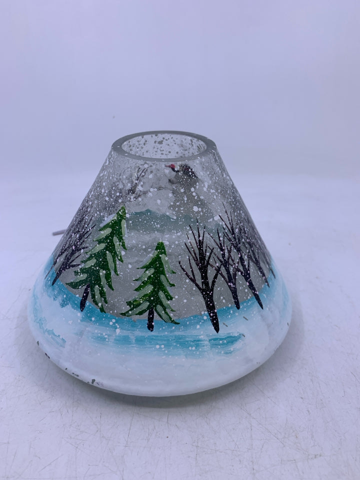 2 PC GLASS CANDLE PLATE/SHADE W/ PAINTED SNOWMEN.