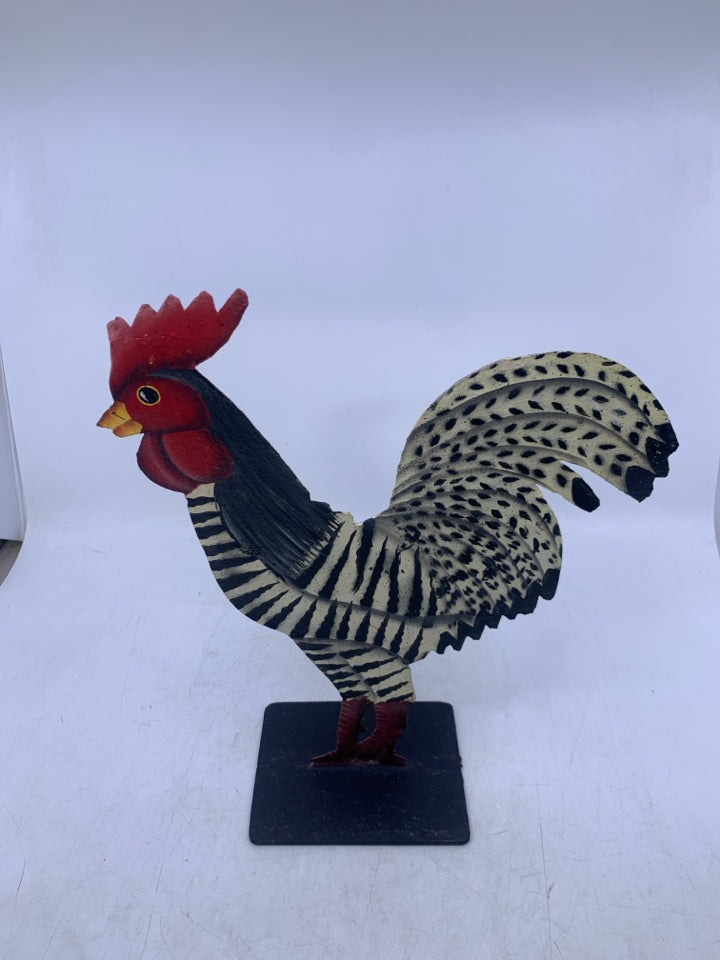 PAINTED B/W STRIPED STANDING METAL ROOSTER.