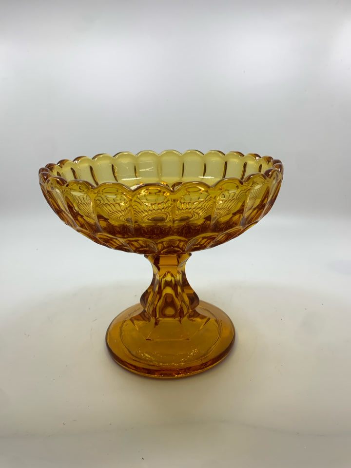VTG AMBER GLASS PEDESTAL BOWL THUMB PRINT SCALLOP EDGE.
