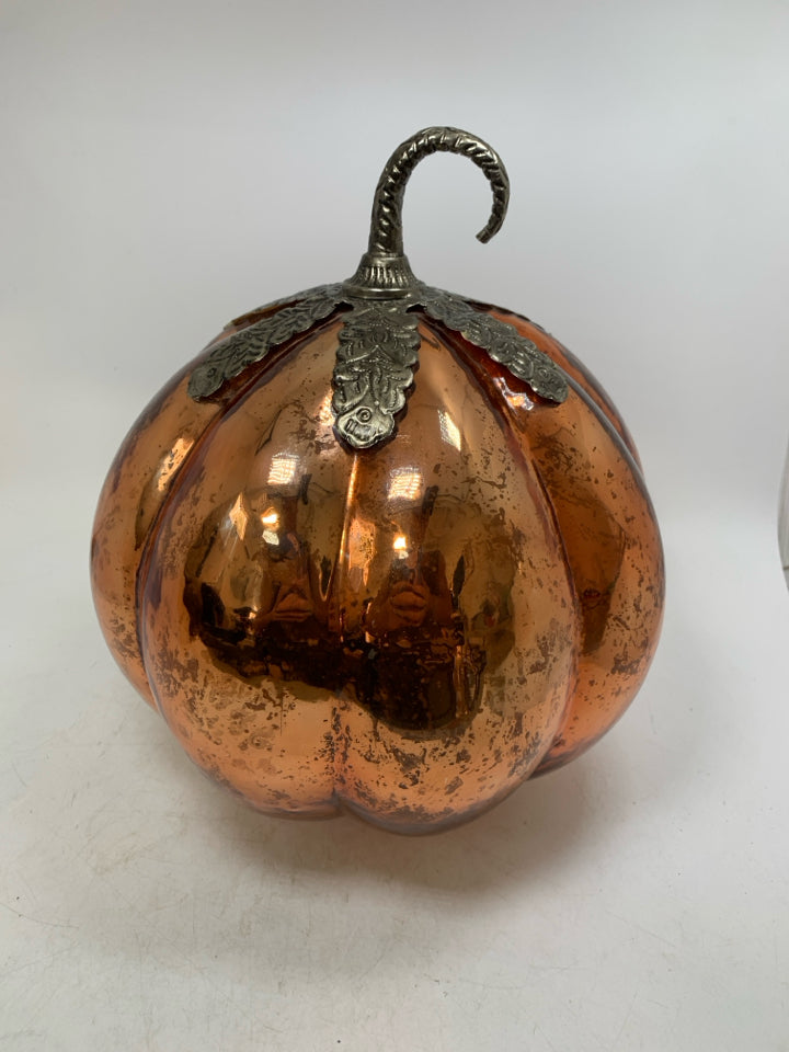 LARGE HEAVY ORANGE MERCURY GLASS PUMPKIN W/ METAL STEM.