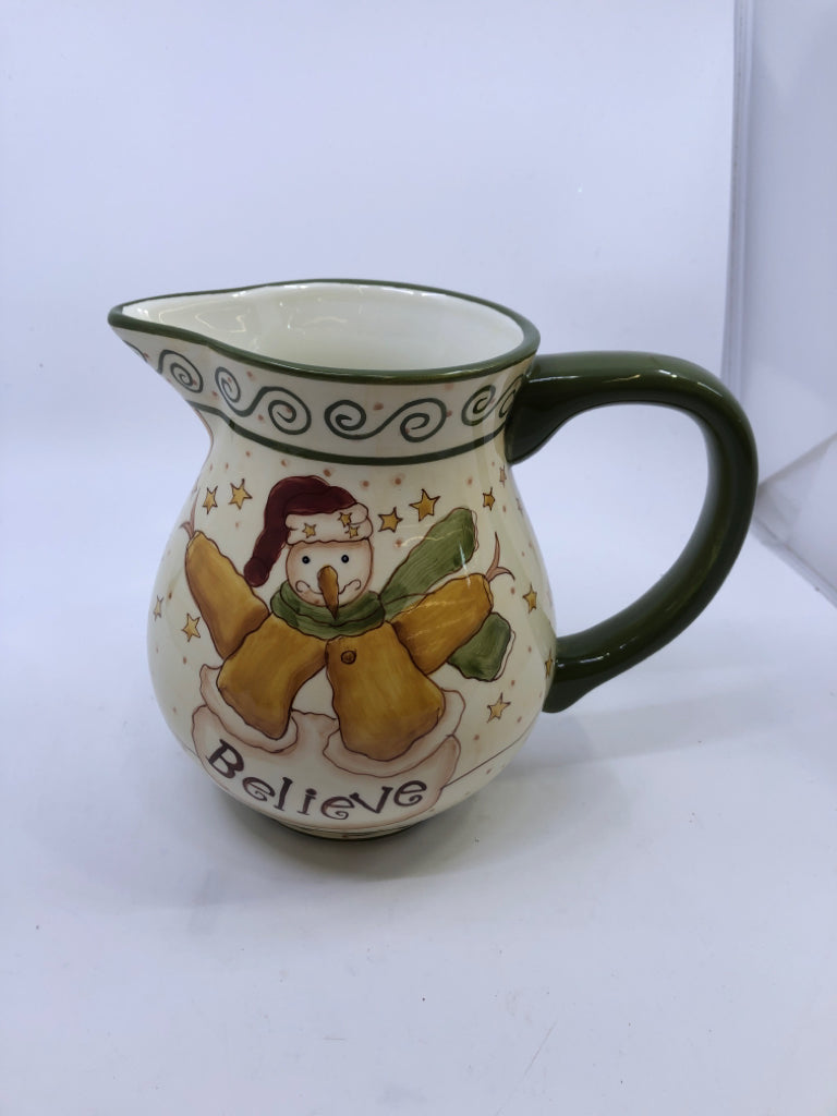 GREEN/YELLOW SNOWMAN PITCHER.