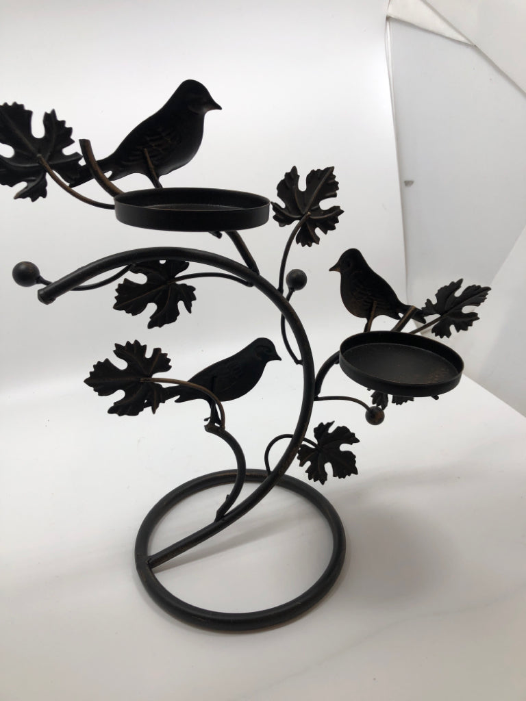 METAL DISTRESSED CANDLE HOLDER W/BIRDS/LEAVES.