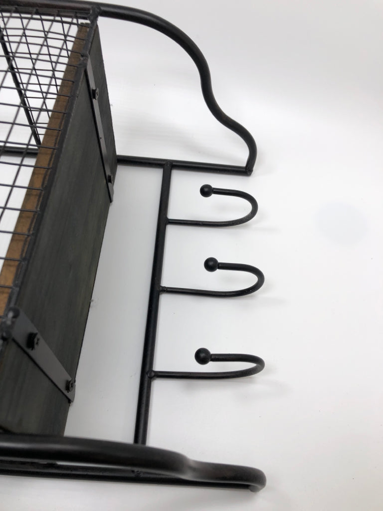 RUSTIC BLACK METAL AND WOOD WALL ORGANIZER.